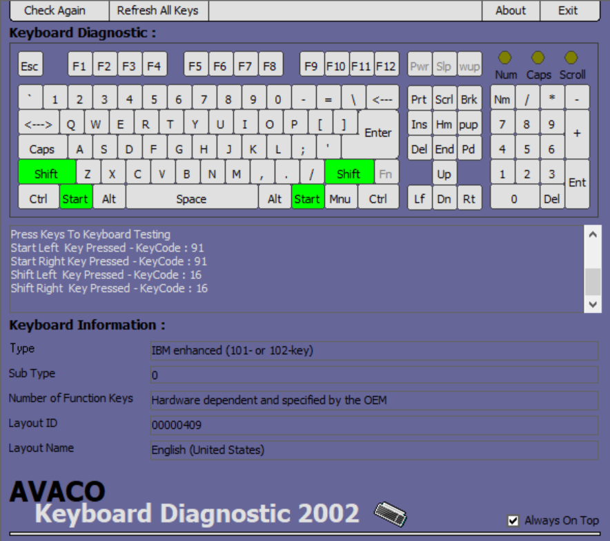 Code phần mềm test bàn phím máy tính Avaco Keyboard Diagnostic